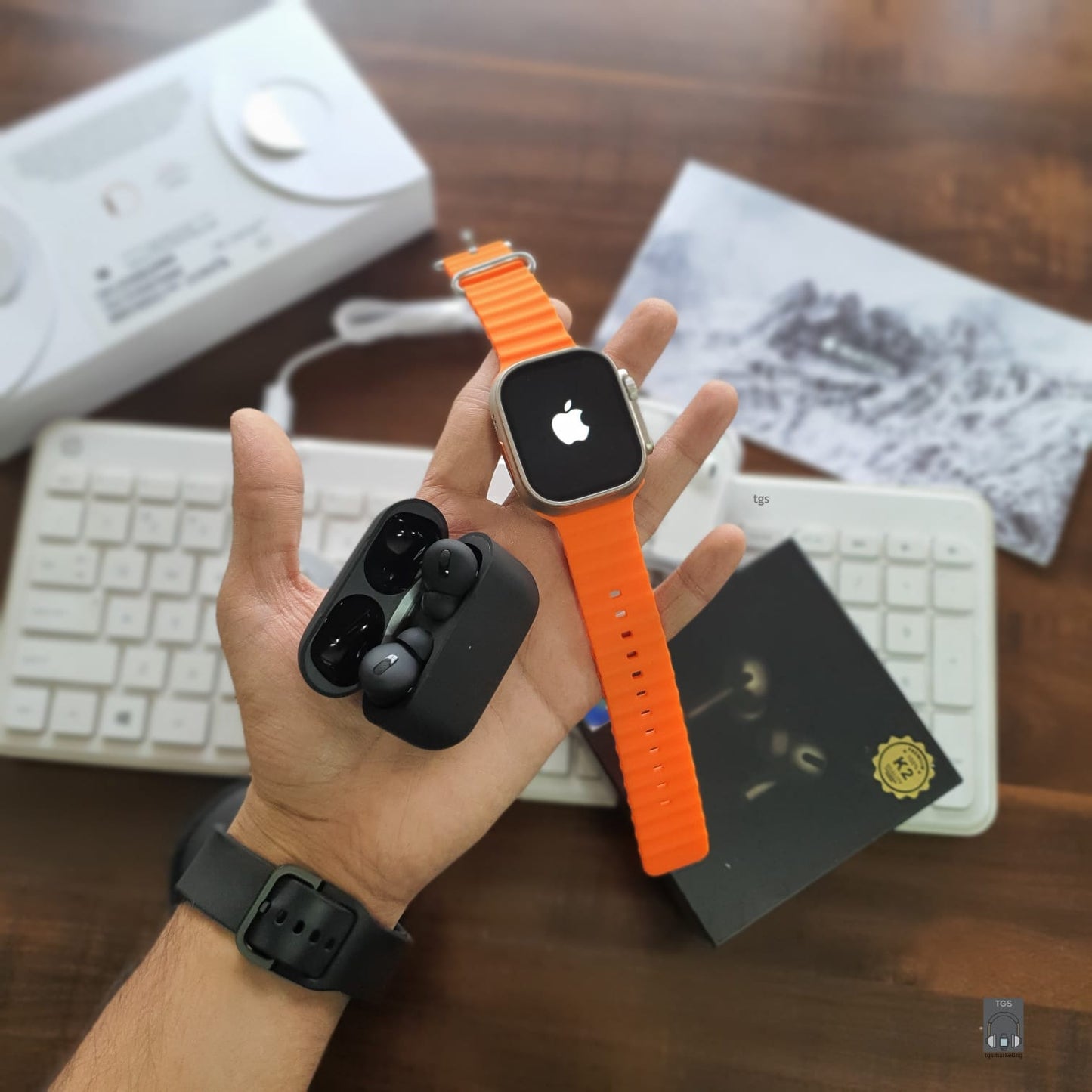 Premium Ultra Combo (Ultra Watch 8 with Apple Logo, Black Airpods Pro 2, Iphone Earbuds, Logo Zip Pouch, Adapter)