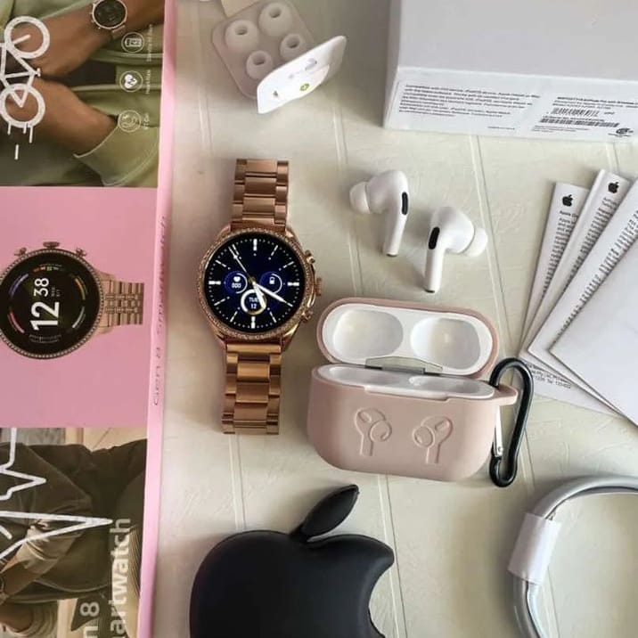 Gen8 Rose Gold Smartwatch with Dual Straps and earpods pro gen 2 with case.